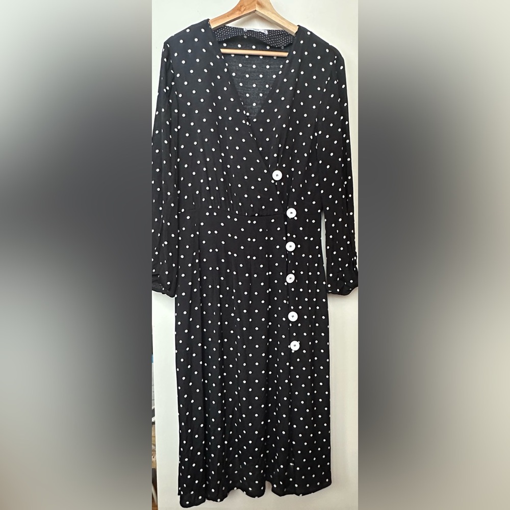 Mango MNG Polka Dot Buttoned Midi Flare Dress Black & White - Picture 9 of 13